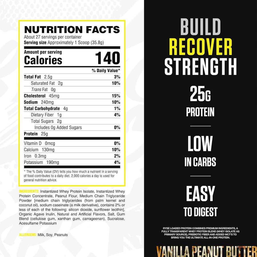 Nutrition facts label and promotional text for a protein product on a white and black background.