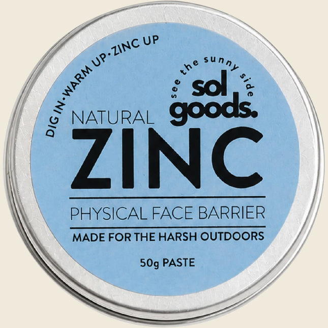 Sol Goods Natural Zinc 50g tin lid showing physical face barrier label