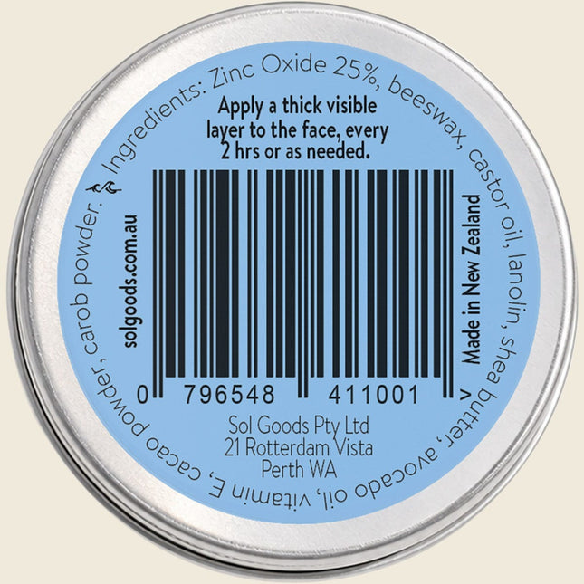 Back of Sol Goods Natural Zinc tin showing ingredients and application instructions
