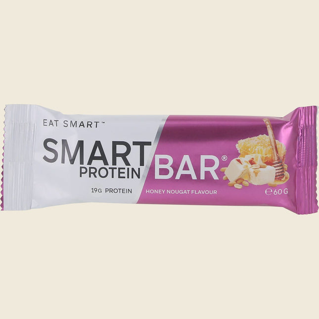 Front of Smart Protein Bar Honey Nougat flavour packet showing 19g protein