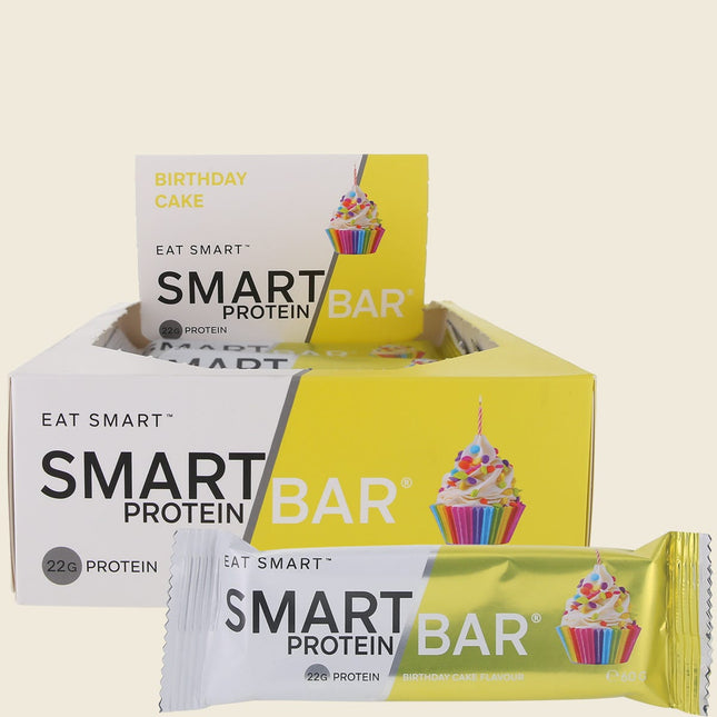 Smart Protein Bar Birthday Cake, carton of 12 bars with individual bar shown