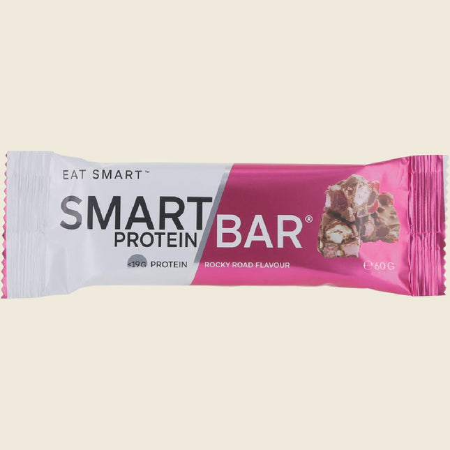 Front of Smart Protein Bar Rocky Road flavour packet showing 19g protein