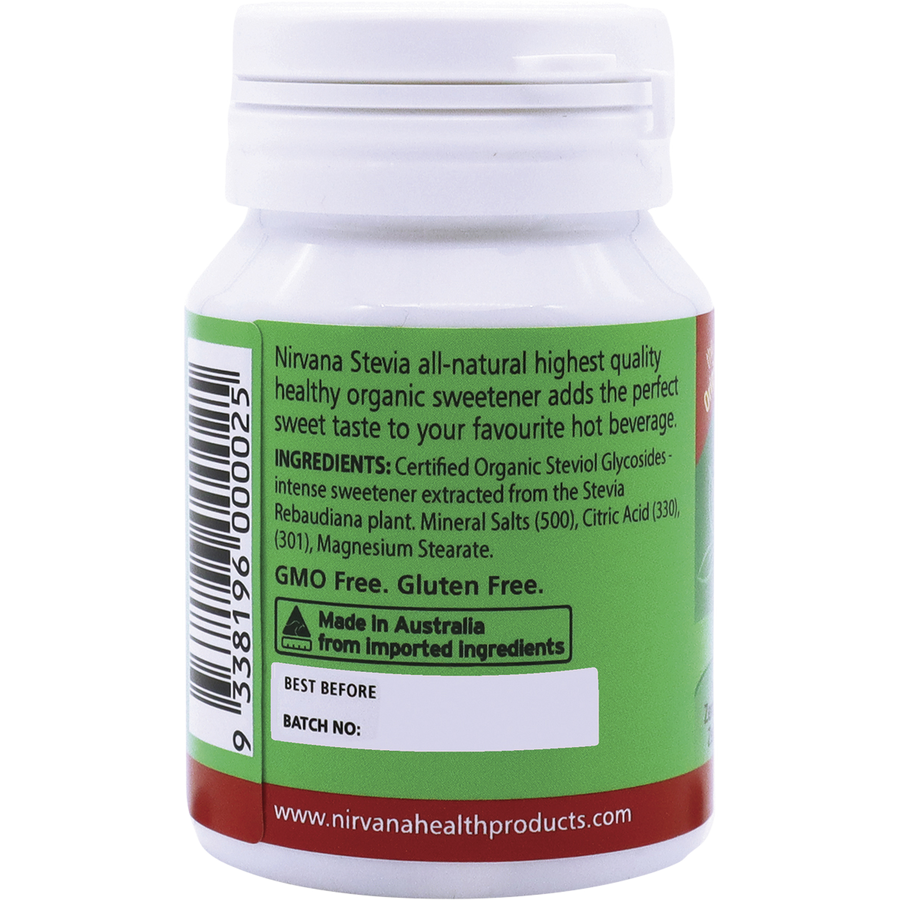 Nirvana Organics Stevia Tablets, zero calorie natural sweetener in compact case