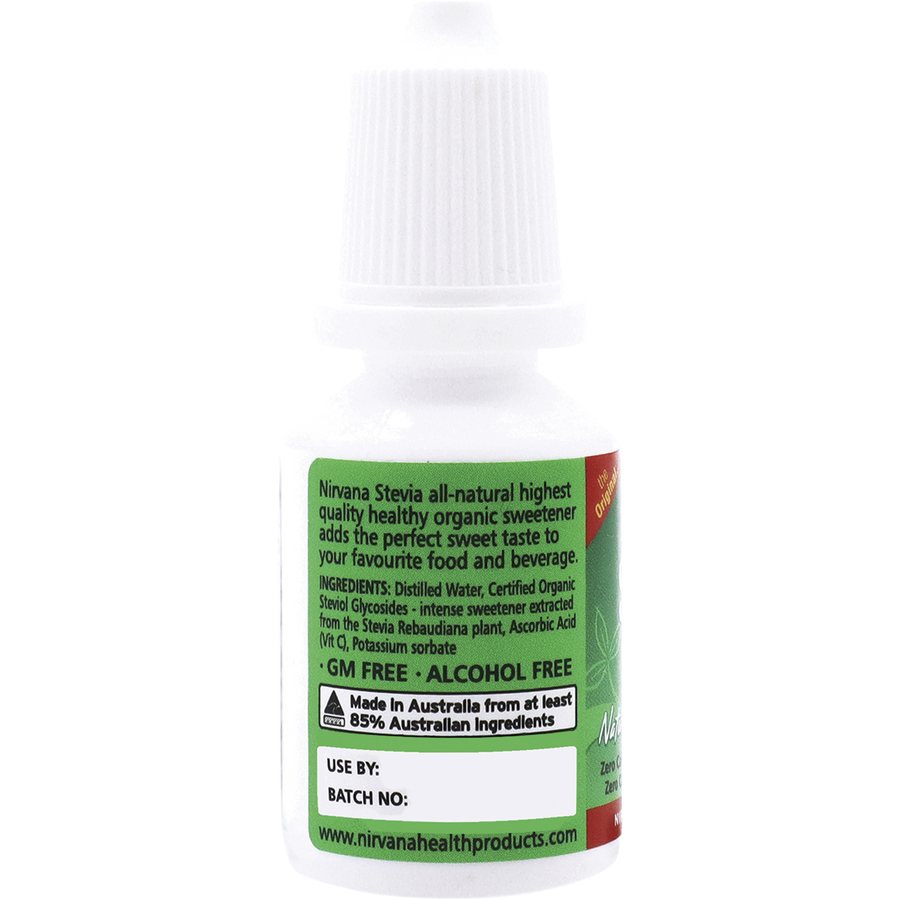 Nirvana Organics Stevia Liquid bottle on a white background