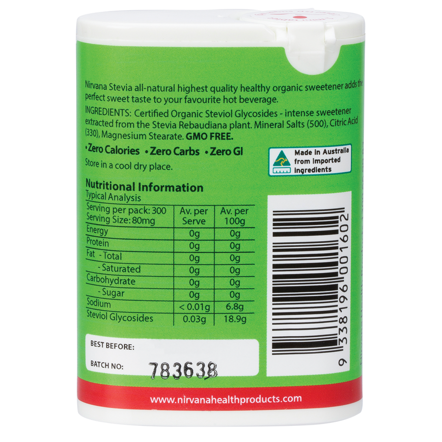 Nirvana Organics Stevia mini tablets in a compact dispenser for sweetening