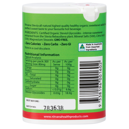 Nirvana Organics Stevia mini tablets in a compact dispenser for sweetening