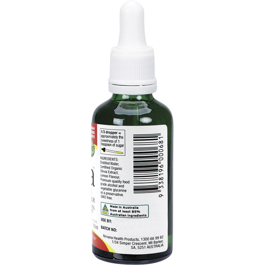 Nirvana Organics Liquid Stevia Lemon in glass dropper bottle