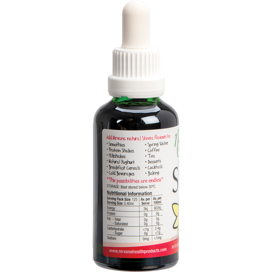 Nirvana Organics Liquid Stevia Vanilla bottle with organic label and dropper
