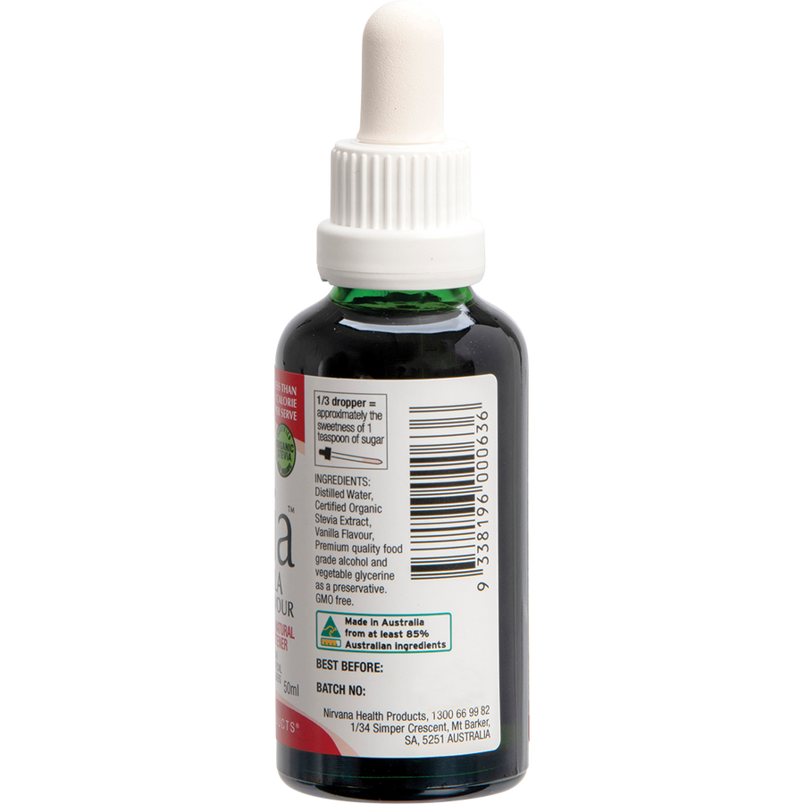 Nirvana Organics vanilla liquid stevia bottle with certified organic label