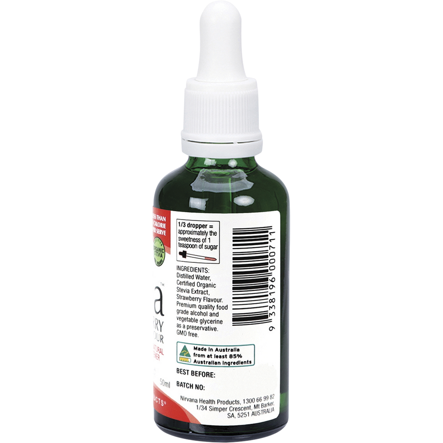 Nirvana Organics Liquid Stevia Strawberry bottle with natural sweetener label