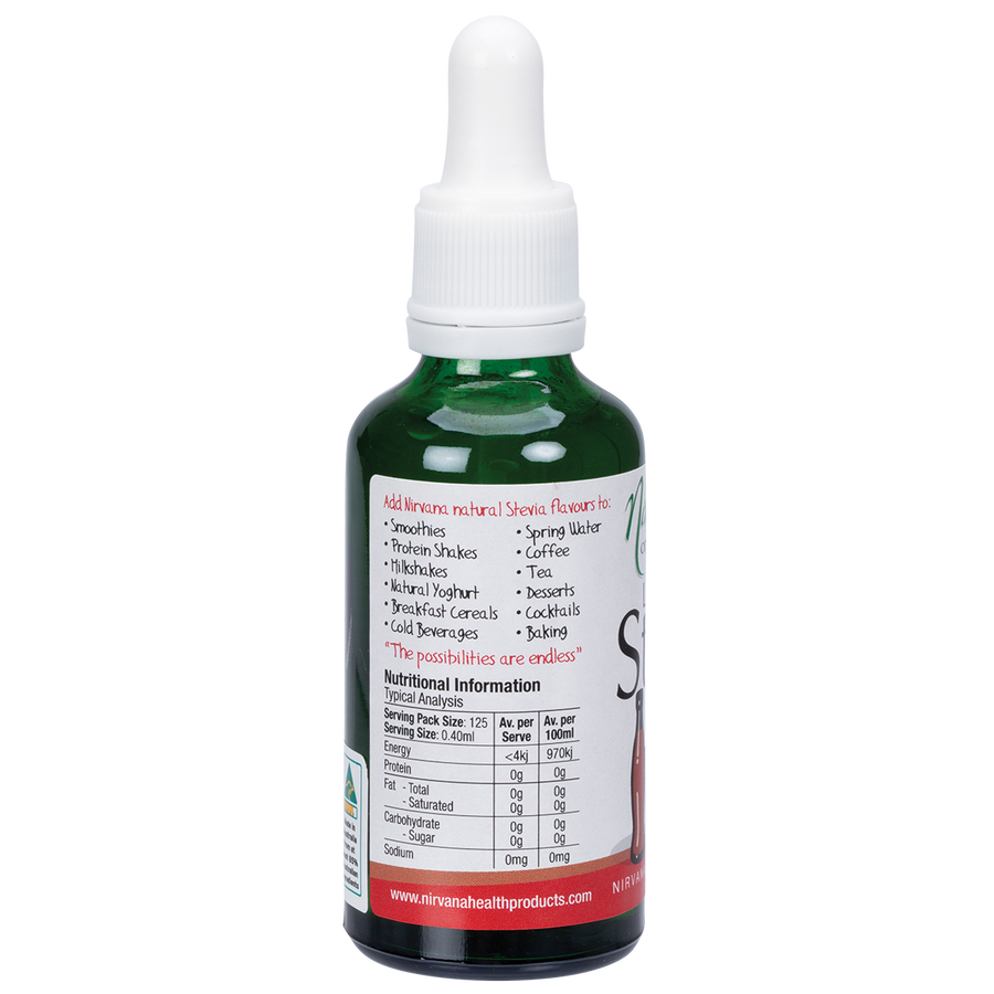 Nirvana Organics Liquid Stevia Cola in clear dropper bottle, front label visible