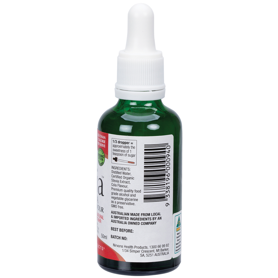 Nirvana Organics Liquid Stevia Cola dropper bottle with label, close up