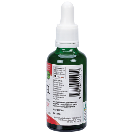 Nirvana Organics Liquid Stevia Cola dropper bottle with label, close up