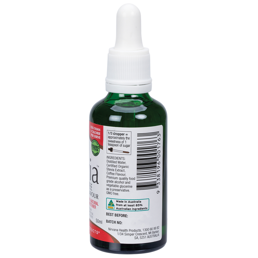 Nirvana Organics Liquid Stevia coffee bottle in vibrant packaging