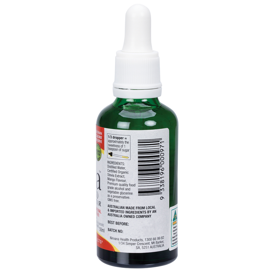 Nirvana Organics Liquid Stevia Mango bottle with organic and zero-calorie labeling