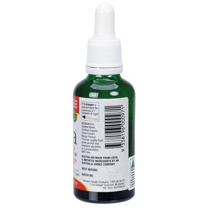 Nirvana Organics Liquid Stevia Mango bottle with organic and zero-calorie labeling