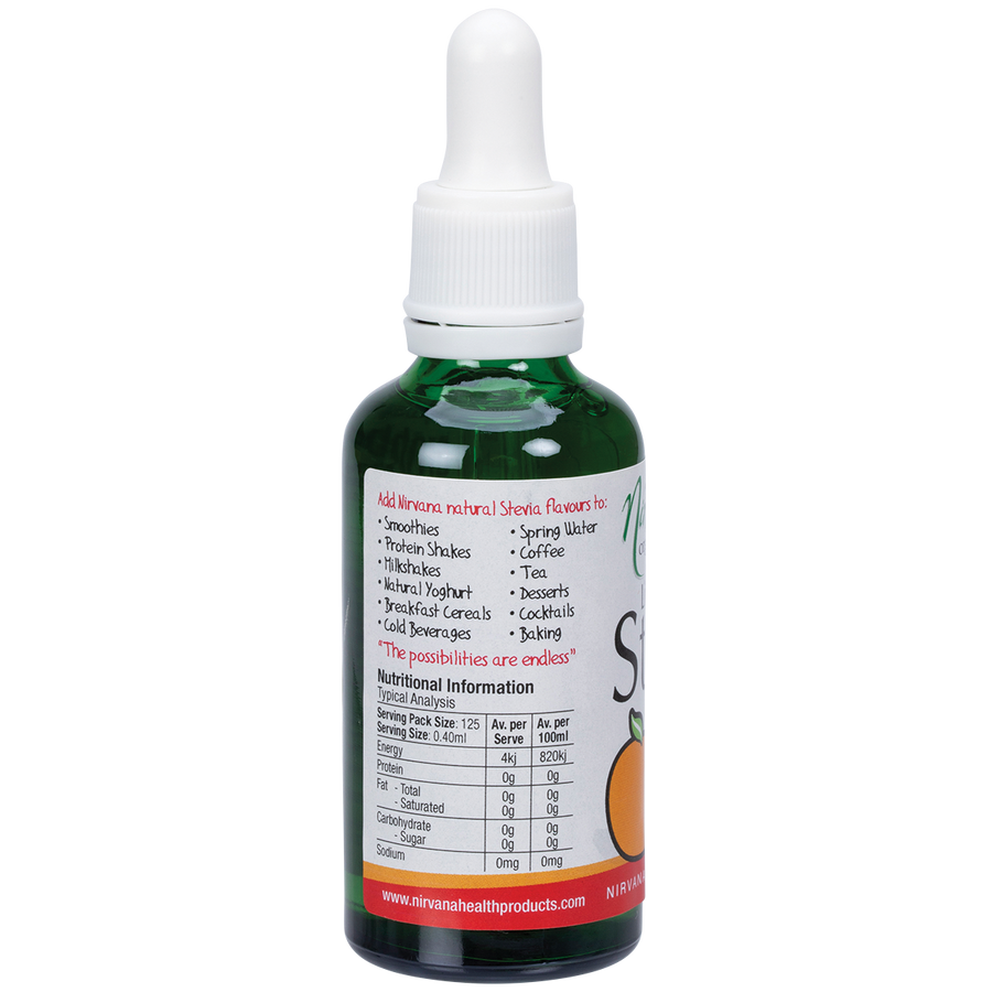 Nirvana Organics Liquid Stevia Orange bottle with natural health-focused label