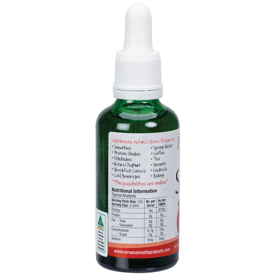 Nirvana Organics Peach Liquid Stevia sweetener bottle on white background