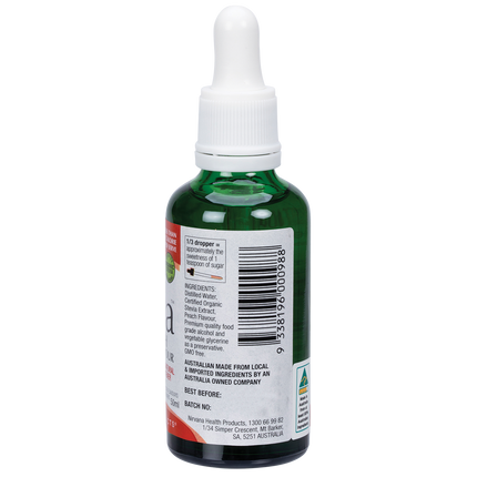 Nirvana Organics Liquid Stevia Peach bottle with natural sugar substitute label