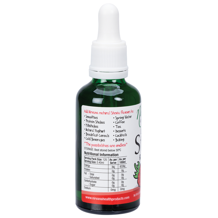 Nirvana Organics certified organic raspberry liquid stevia sweetener bottle on white background
