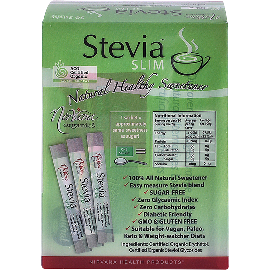 Nirvana Organics Stevia & Erythritol Sweetener Slim Sticks packaging detail