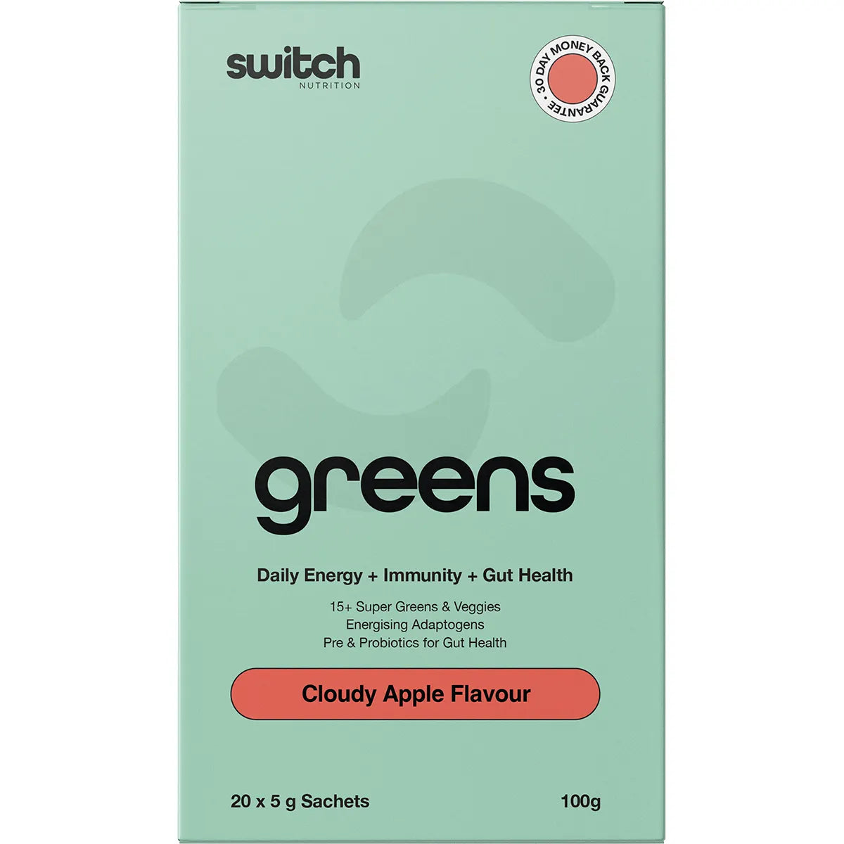 Switch Nutrition Super Greens Cloudy Apple flavor with probiotics and adaptogens on the front of the 20-sachet box.