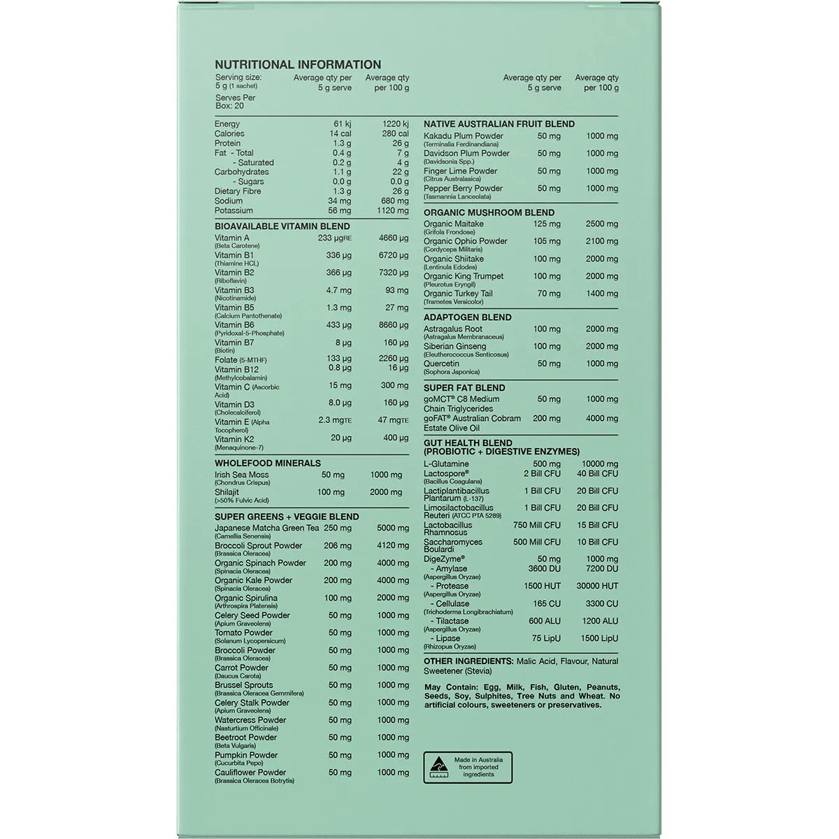 Switch Nutrition Greens Cloudy Apple back panel showing the ingredients and nutrition facts.