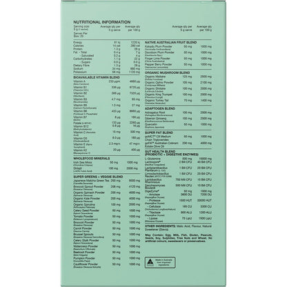 Switch Nutrition Greens Cloudy Apple back panel showing the ingredients and nutrition facts.