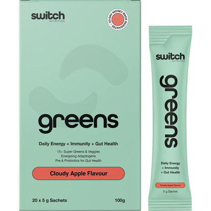 Switch Nutrition Super Greens Powder in Cloudy Apple 20x5g box.