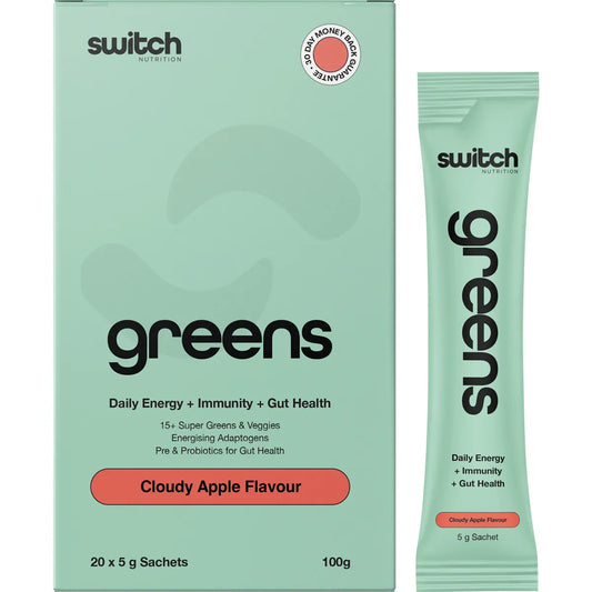 Switch Nutrition Super Greens Powder in Cloudy Apple 20x5g box.