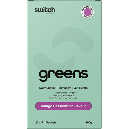 Mango Passionfruit flavored greens sachets with probiotics