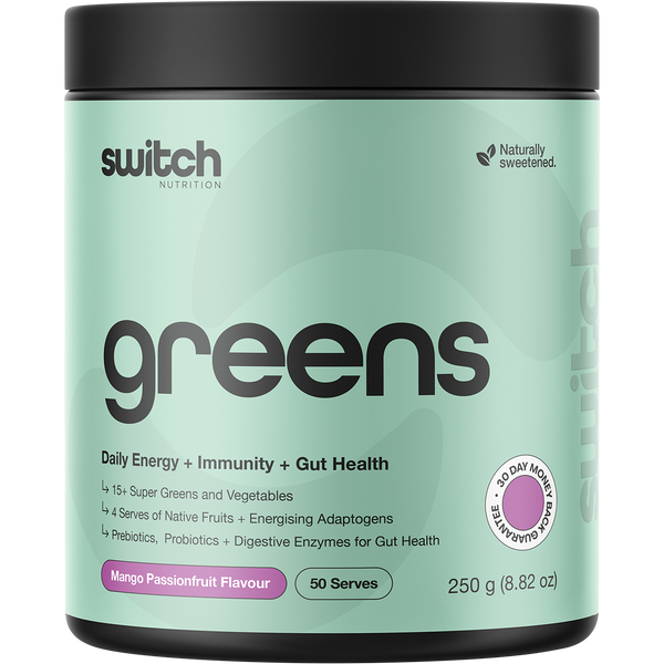 Switch Nutrition Greens Mango Passionfruit powder in vibrant packaging