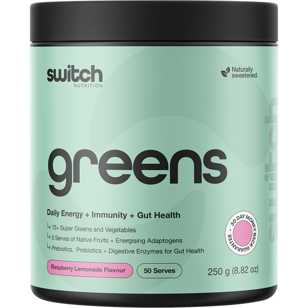 Switch Nutrition Greens Raspberry Lemonade powder in a vibrant container