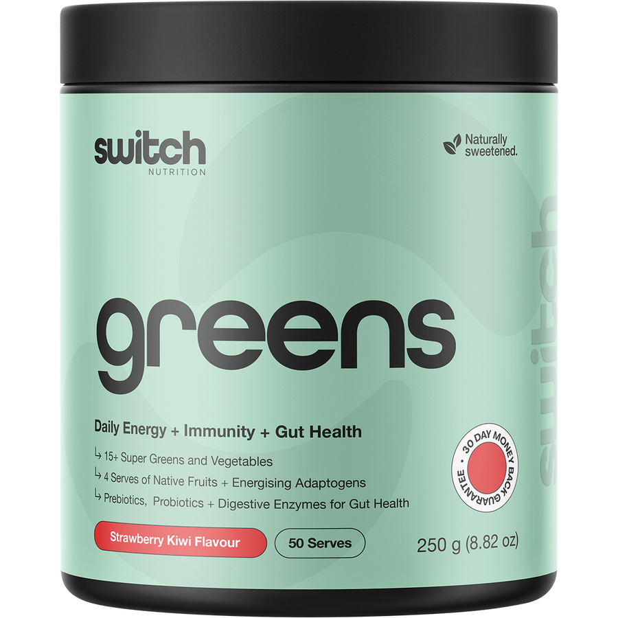Switch Nutrition Greens Strawberry Kiwi powder in vibrant packaging