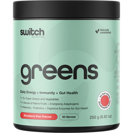 Switch Nutrition Greens Strawberry Kiwi powder in vibrant packaging