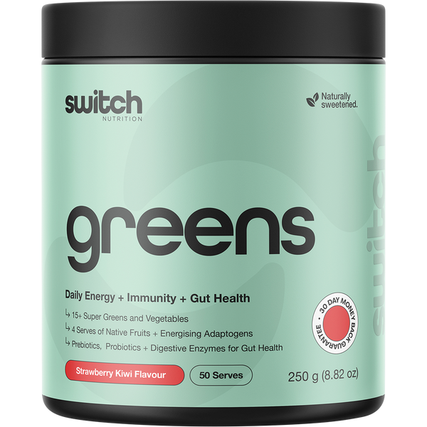Switch Nutrition Greens Strawberry Kiwi powder in vibrant packaging