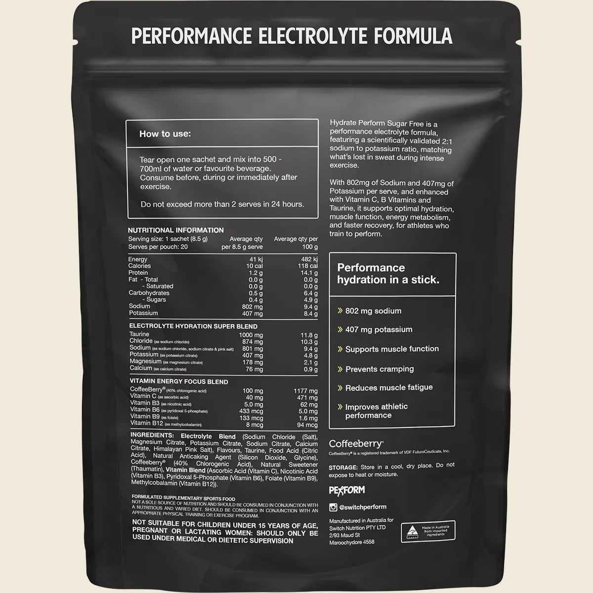 Switch Nutrition Hydrate Perform Sugar Free Kiwi Watermelon 20x8.5g Sachets
