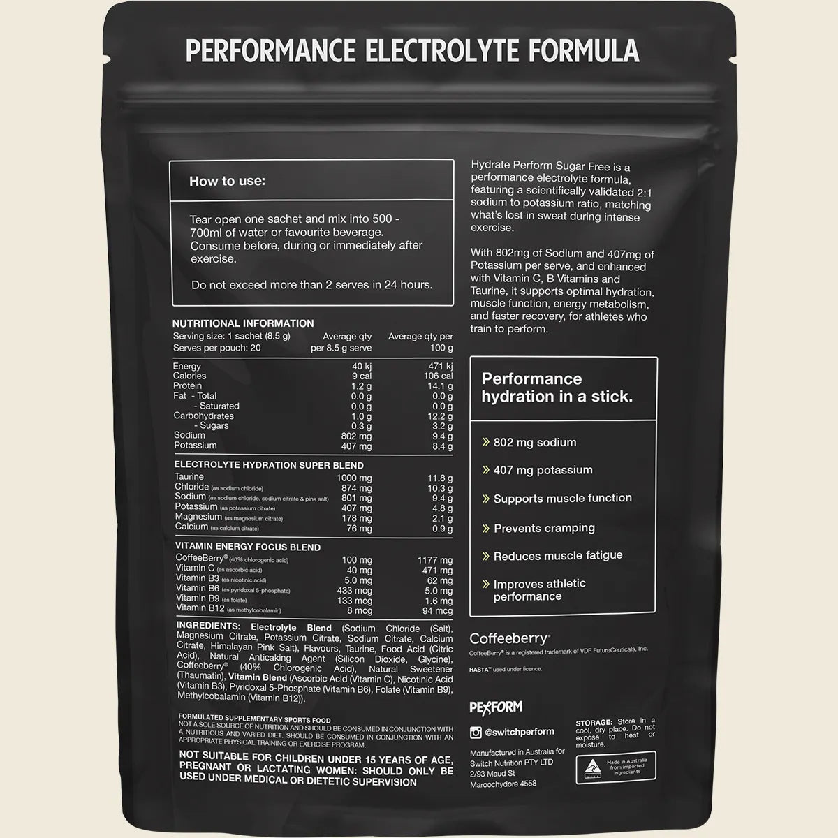 Switch Nutrition Hydrate Perform Sugar Free Lemon Lime 20x8.5g Sachets
