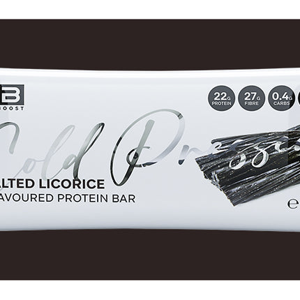 Salted licorice flavored protein bar packaging on a black background