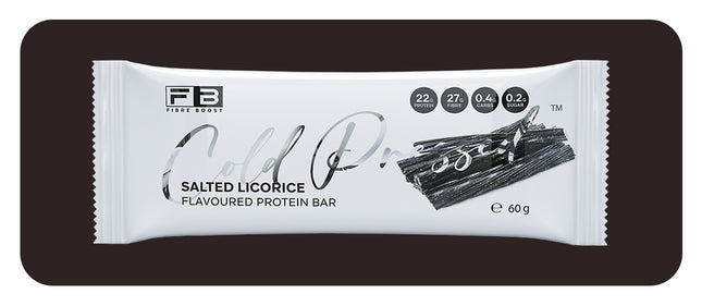 Salted licorice flavored protein bar packaging on a black background