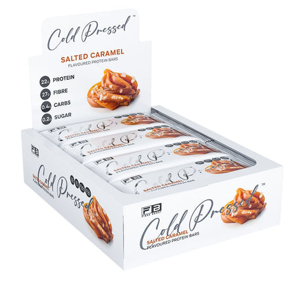 Fibre Boost Salted Caramel Protein Bar box showing high fibre and 20g+ protein per bar