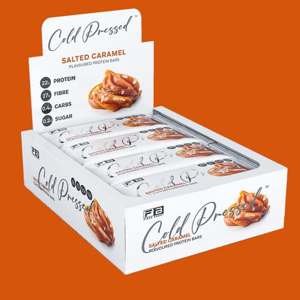 Fibre Boost Cold Pressed Salted Caramel Protein Bar box on a white background