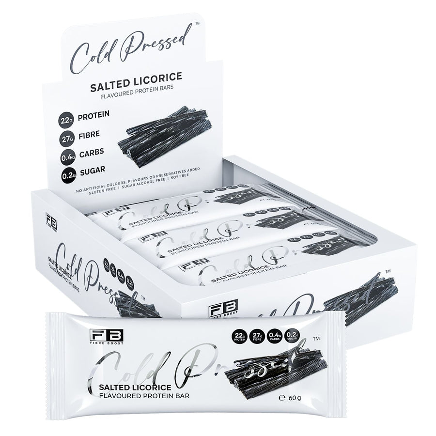 Box of Fibre Boost Salted Licorice Cold Pressed protein bars on a white background