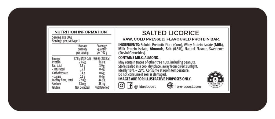 Nutrition label for a salted licorice protein bar on a black background