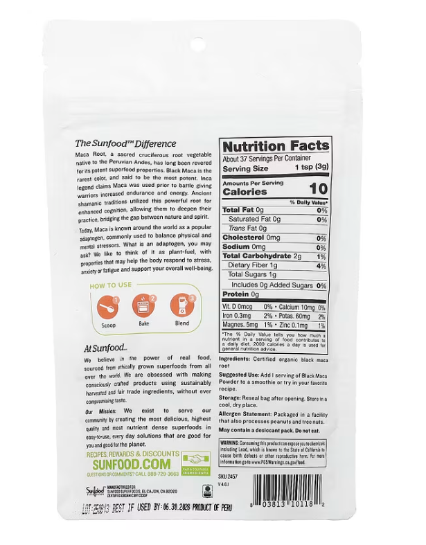 Back of Sunfood Organic Black Maca Powder pack showing nutrition facts, ingredients and usage instructions