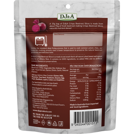 Single 35g DJ&A beetroot snack pack — crunchy vegetable chips