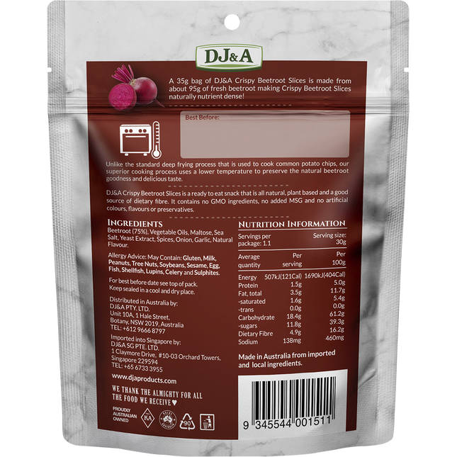Single 35g DJ&A beetroot snack pack — crunchy vegetable chips