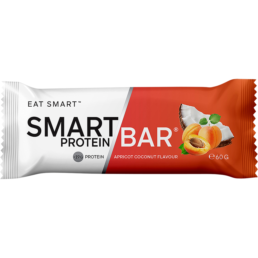 Smart Protein Bar packaging with apricot coconut flavor on a white background