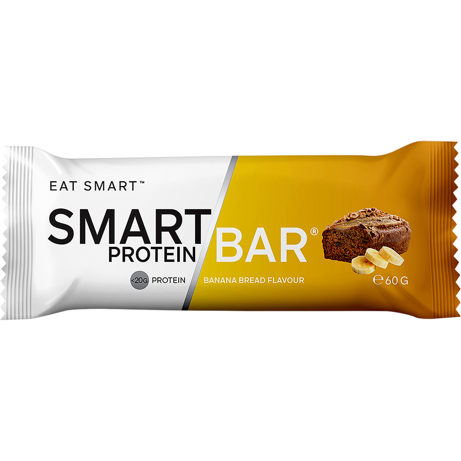 Smart Protein Bar packaging with banana bread flavor on a white background