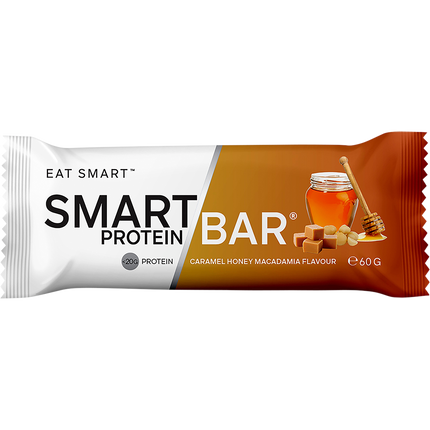 Smart Protein Bar packaging with caramel honey macadamia flavor on a white background